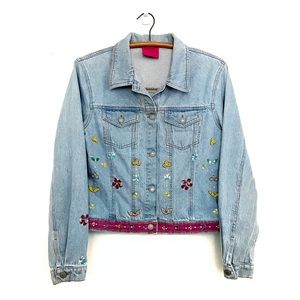 Vintage Y2K Beaded Floral Denim Jean Jacket Medium Pink Trim Sequin Embellished